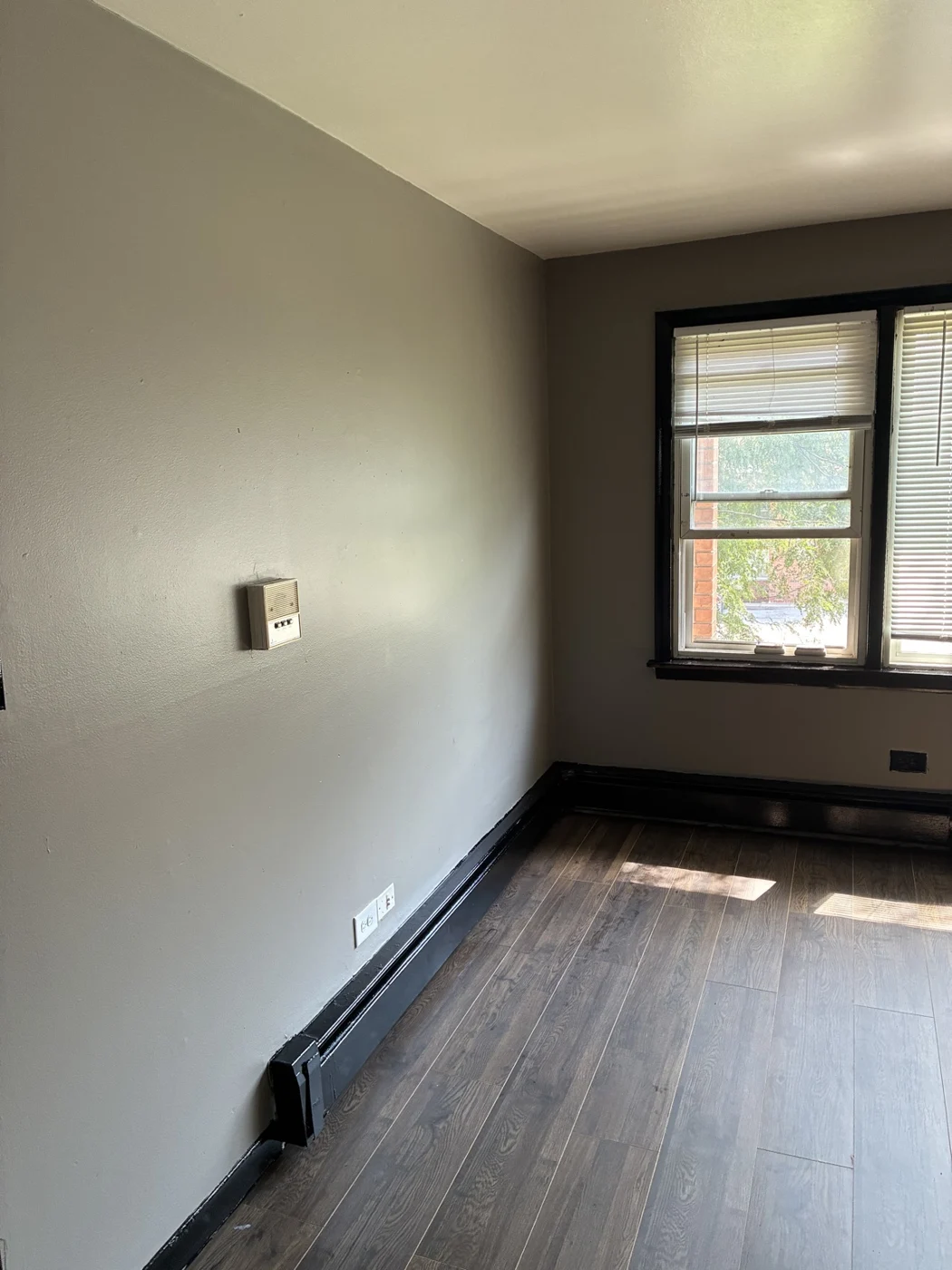 Interior room with light walls and dark window and baseboard trim.
